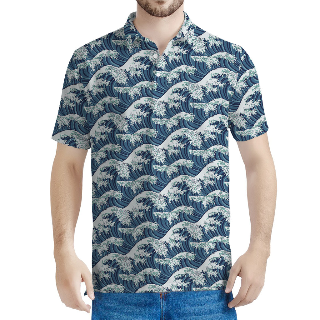 The Great Kanagawa Wave Pattern Print Men's Polo Shirt