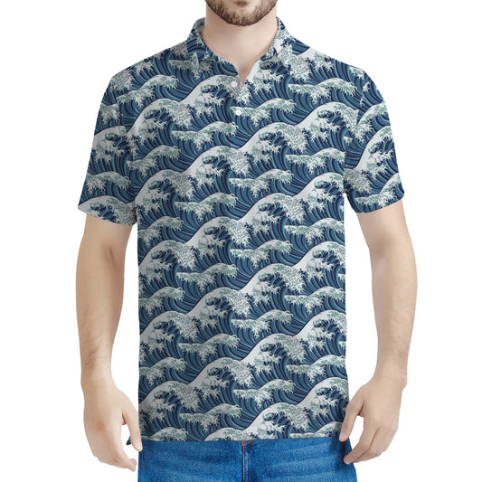 The Great Kanagawa Wave Pattern Print Men's Polo Shirt