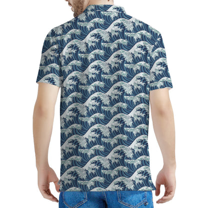 The Great Kanagawa Wave Pattern Print Men's Polo Shirt