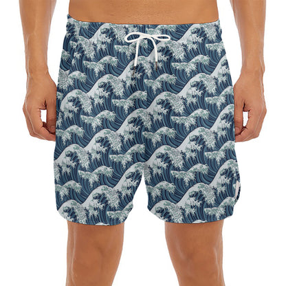 The Great Kanagawa Wave Pattern Print Men's Split Running Shorts