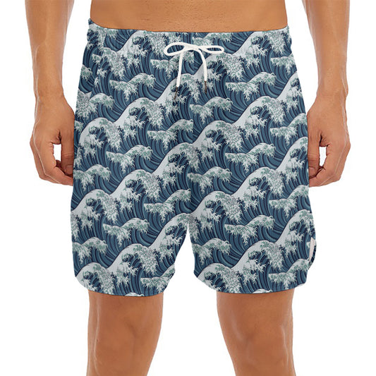 The Great Kanagawa Wave Pattern Print Men's Split Running Shorts