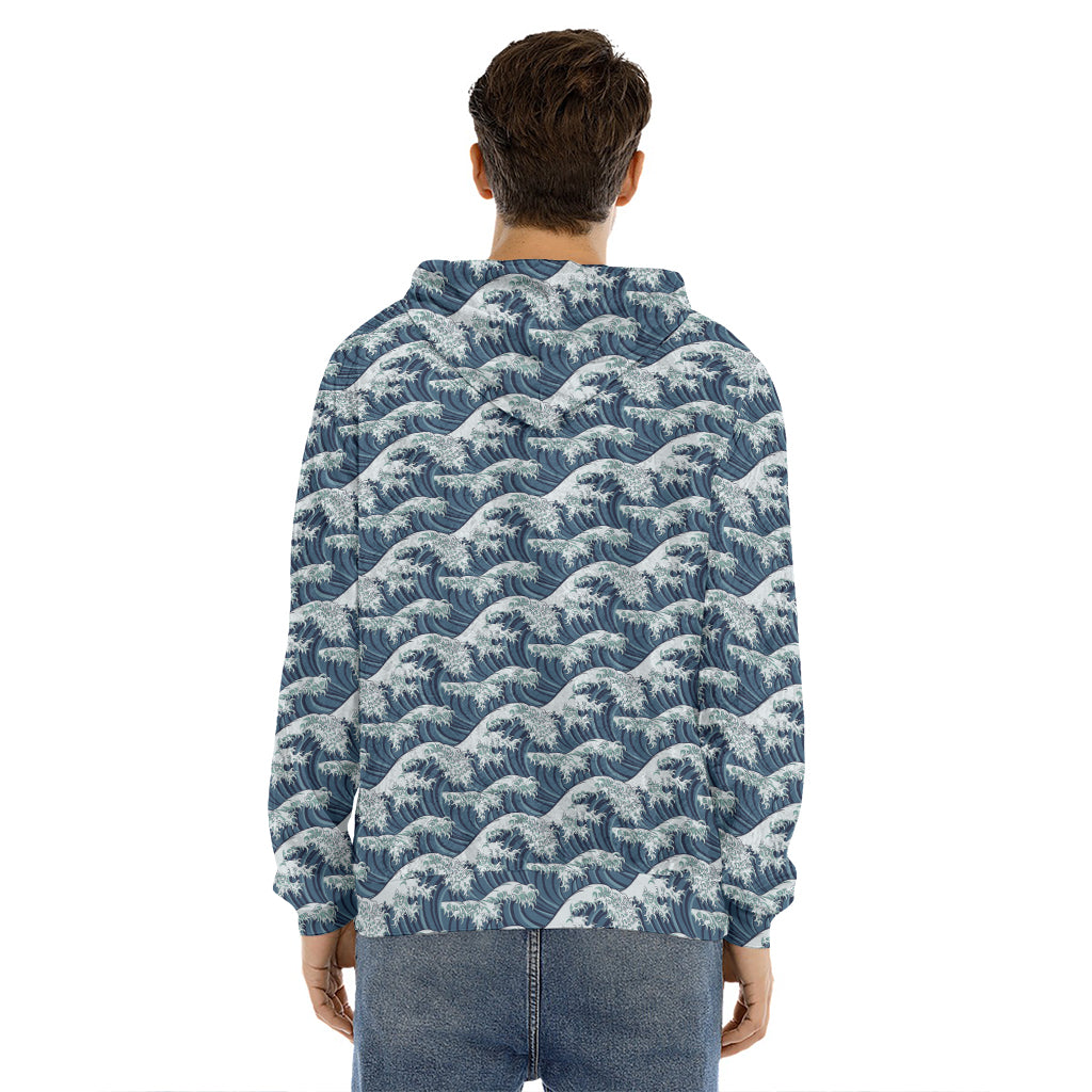 The Great Kanagawa Wave Pattern Print Men's Velvet Pullover Hoodie