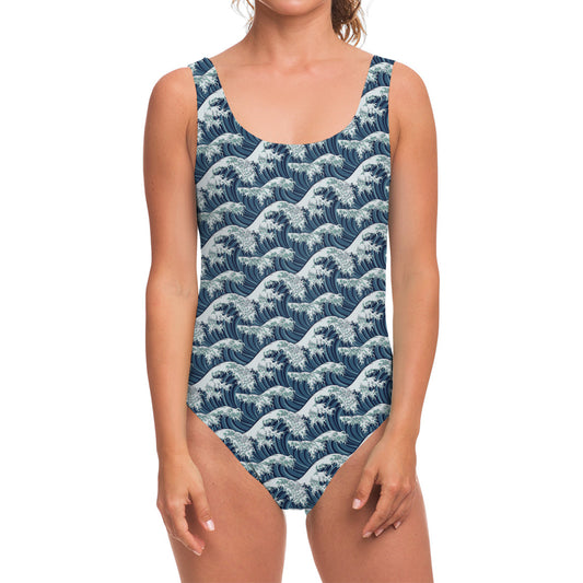 The Great Kanagawa Wave Pattern Print One Piece Swimsuit
