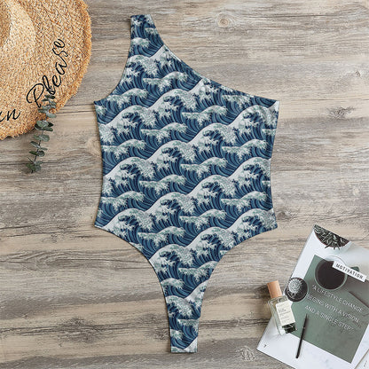 The Great Kanagawa Wave Pattern Print One Shoulder Bodysuit
