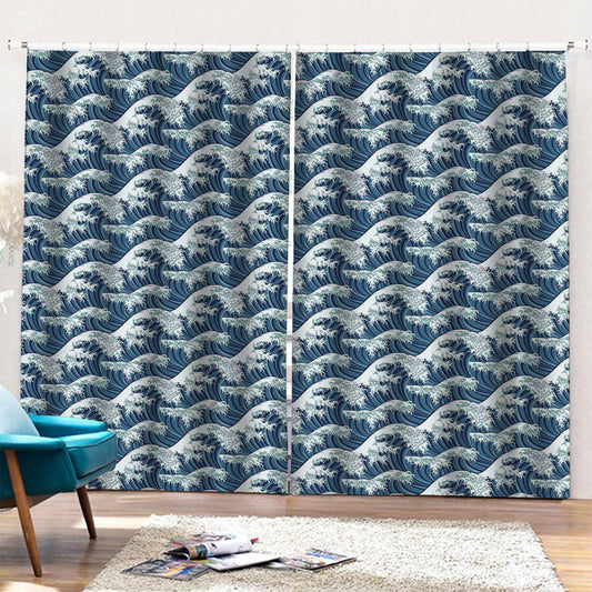 The Great Kanagawa Wave Pattern Print Pencil Pleat Curtains