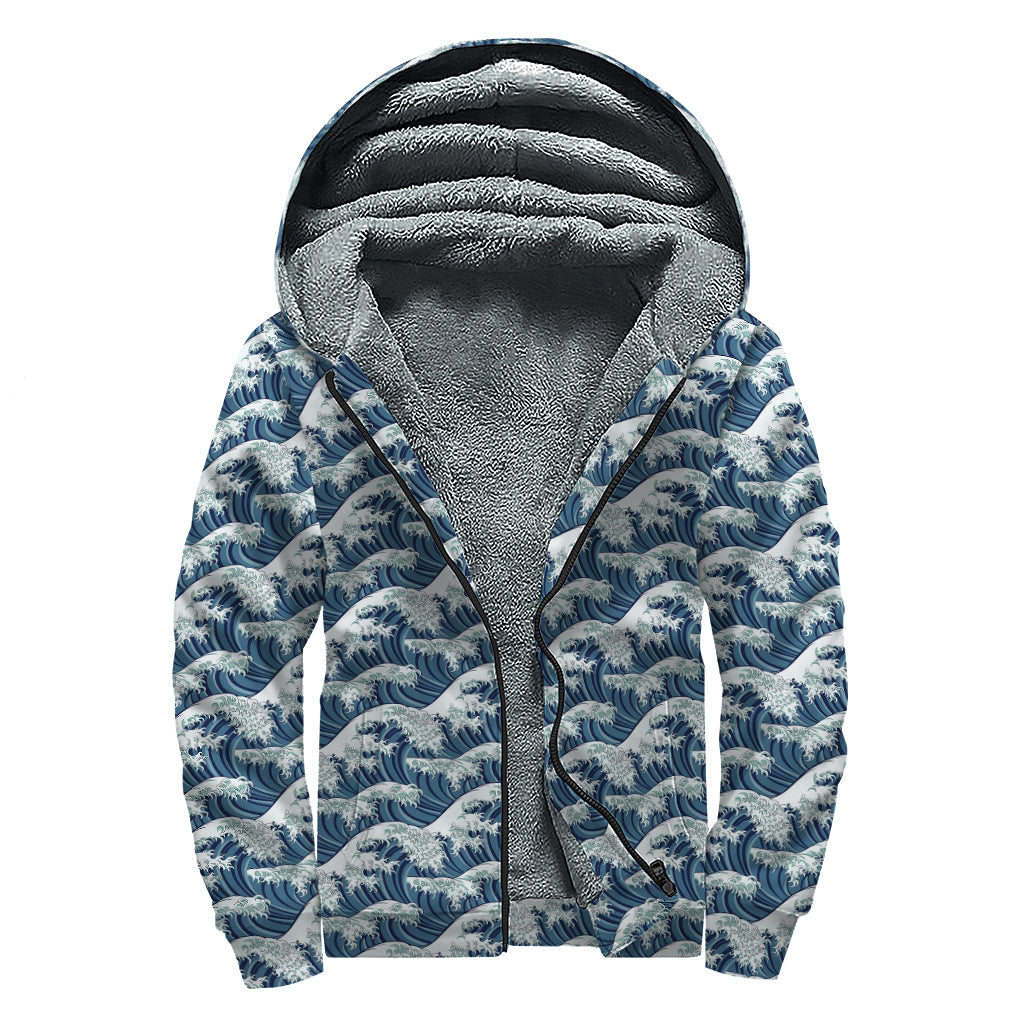 The Great Kanagawa Wave Pattern Print Sherpa Lined Zip Up Hoodie