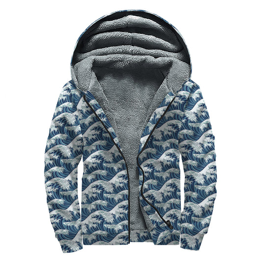 The Great Kanagawa Wave Pattern Print Sherpa Lined Zip Up Hoodie