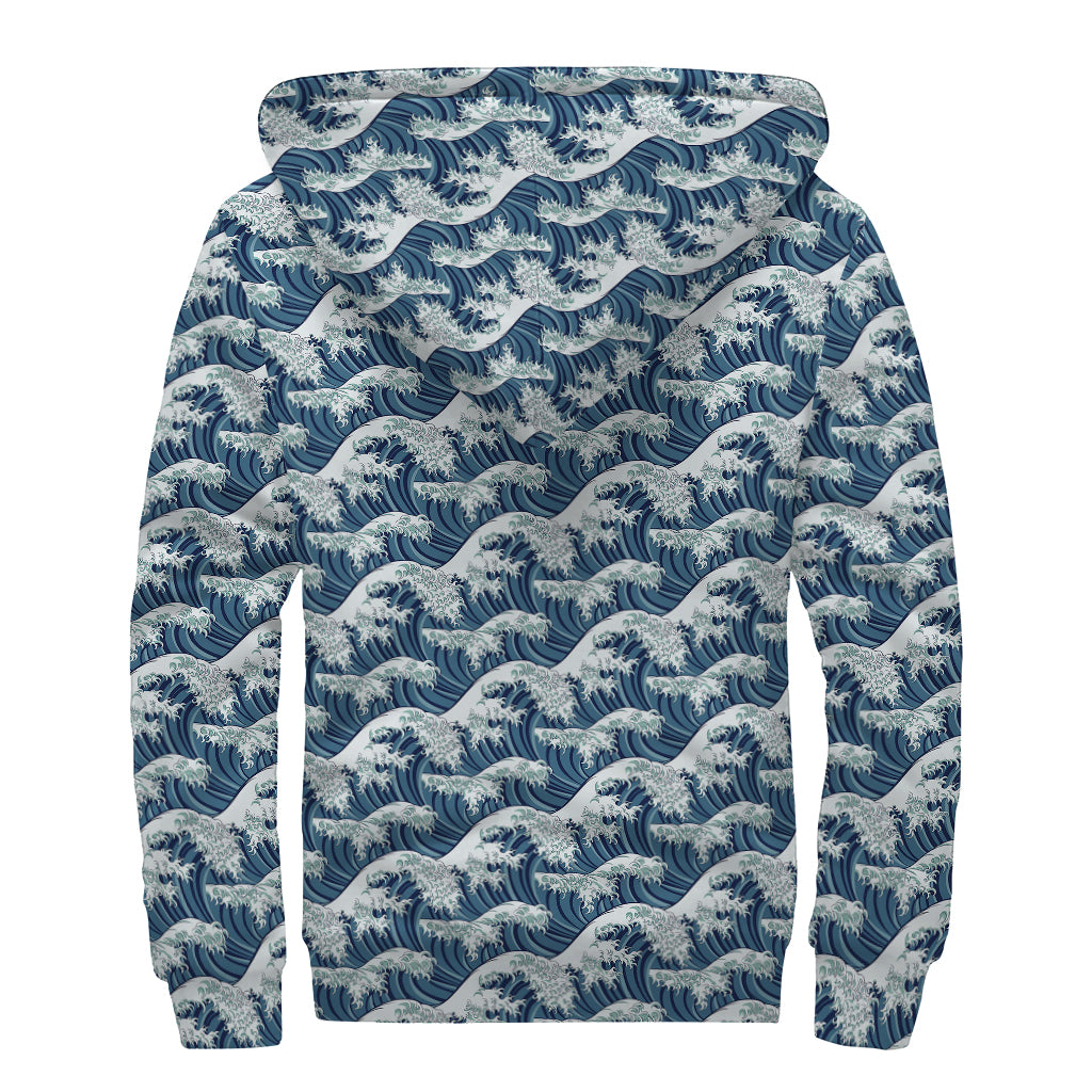 The Great Kanagawa Wave Pattern Print Sherpa Lined Zip Up Hoodie