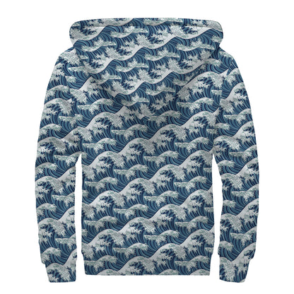 The Great Kanagawa Wave Pattern Print Sherpa Lined Zip Up Hoodie