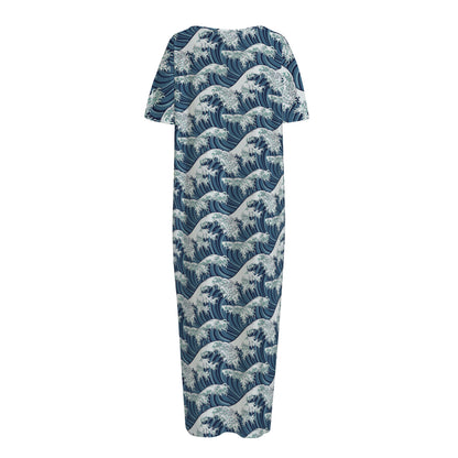 The Great Kanagawa Wave Pattern Print Short Sleeve Long Nightdress