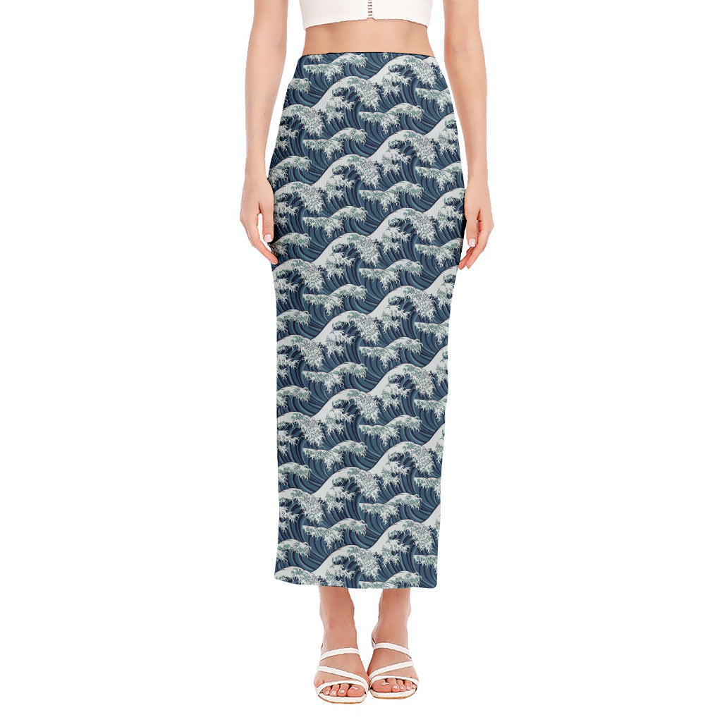 The Great Kanagawa Wave Pattern Print Side Slit Maxi Skirt