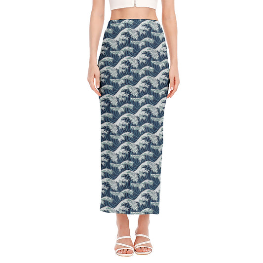 The Great Kanagawa Wave Pattern Print Side Slit Maxi Skirt