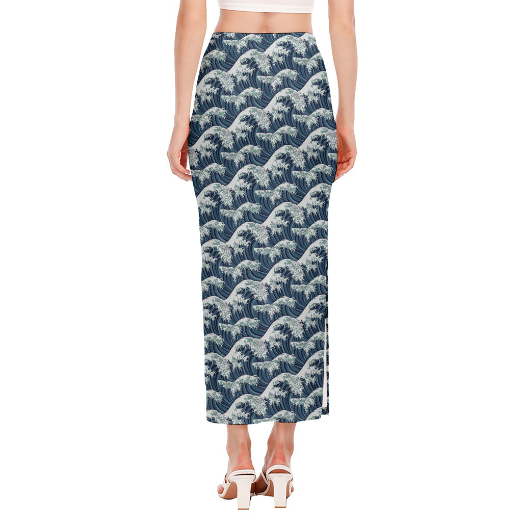 The Great Kanagawa Wave Pattern Print Side Slit Maxi Skirt