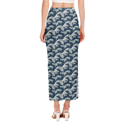The Great Kanagawa Wave Pattern Print Side Slit Maxi Skirt