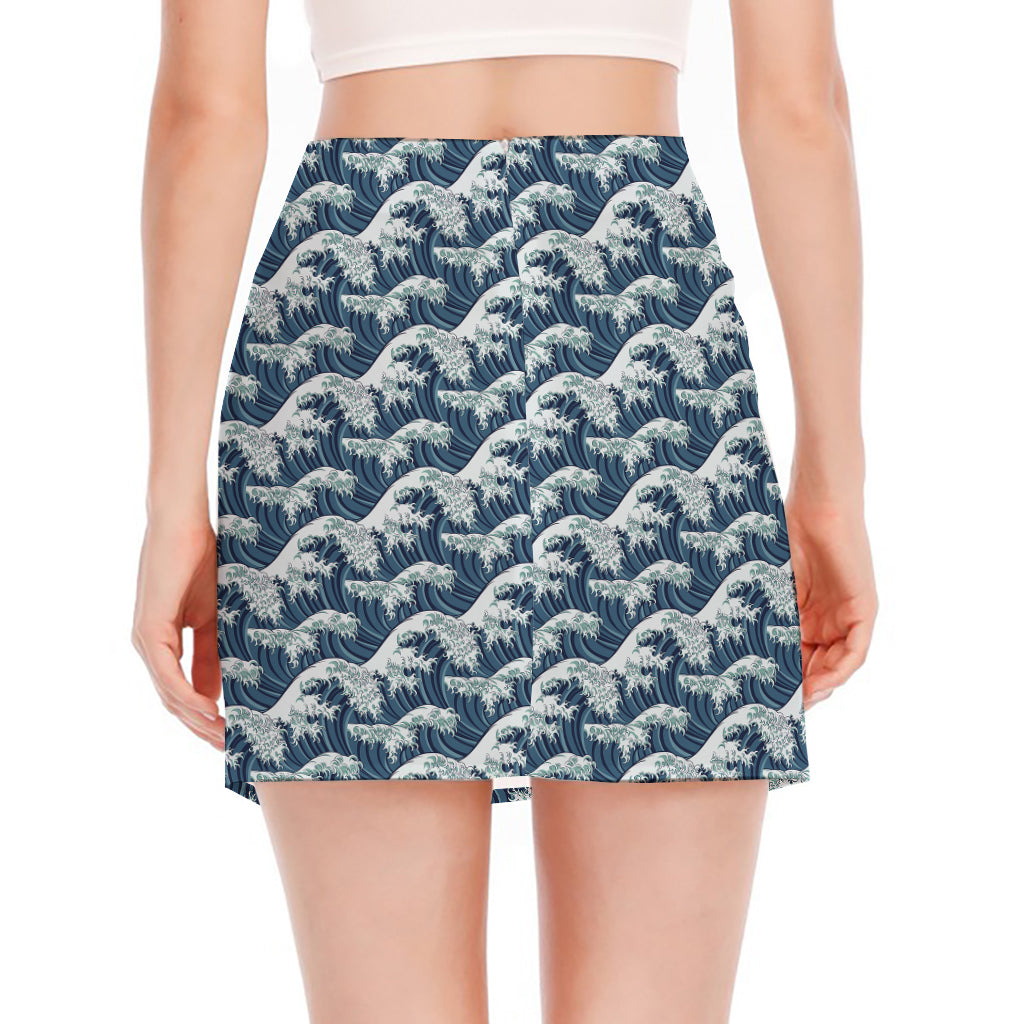 The Great Kanagawa Wave Pattern Print Side Slit Mini Skirt