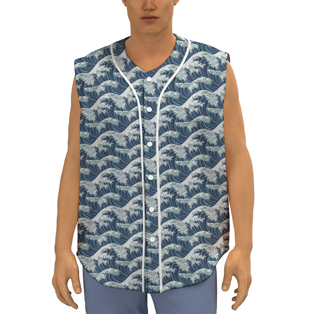 The Great Kanagawa Wave Pattern Print Sleeveless Baseball Jersey