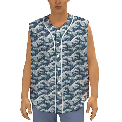 The Great Kanagawa Wave Pattern Print Sleeveless Baseball Jersey