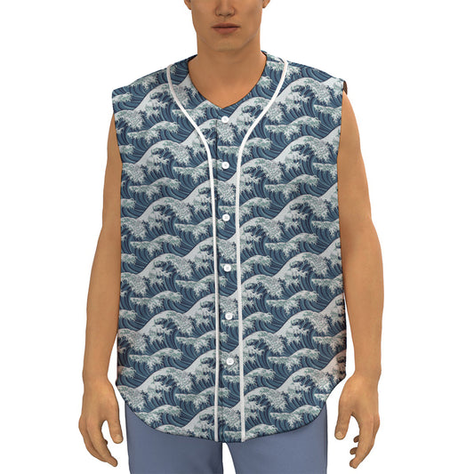 The Great Kanagawa Wave Pattern Print Sleeveless Baseball Jersey