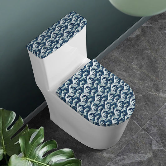 The Great Kanagawa Wave Pattern Print Toilet Lid And Tank Cover Set