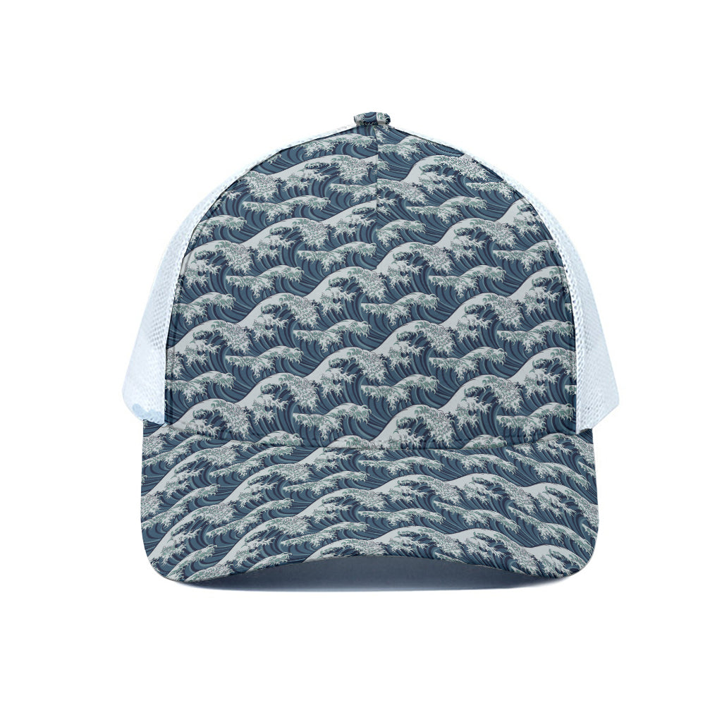 The Great Kanagawa Wave Pattern Print White Mesh Trucker Cap