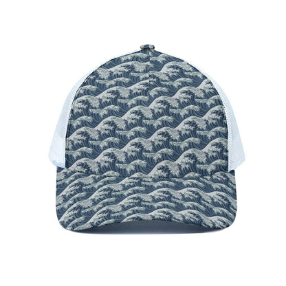 The Great Kanagawa Wave Pattern Print White Mesh Trucker Cap