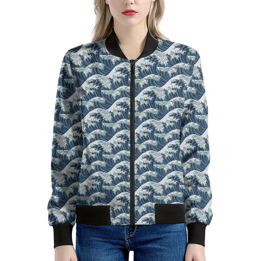 The Great Kanagawa Wave Pattern Print Women's Bomber Jacket