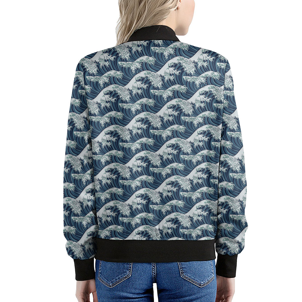 The Great Kanagawa Wave Pattern Print Women's Bomber Jacket