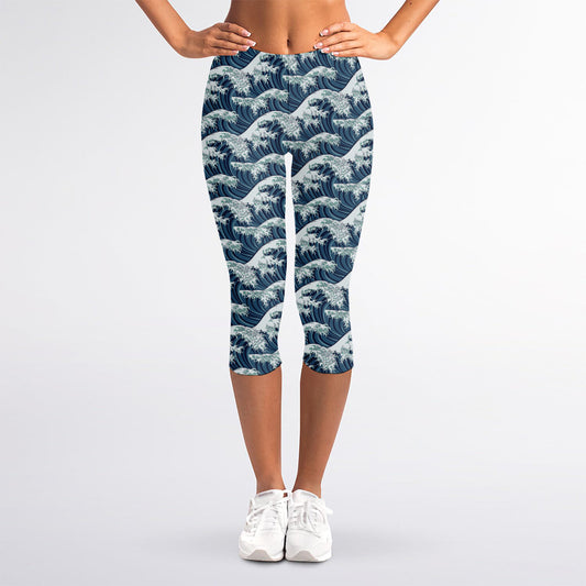 The Great Kanagawa Wave Pattern Print Women's Capri Leggings