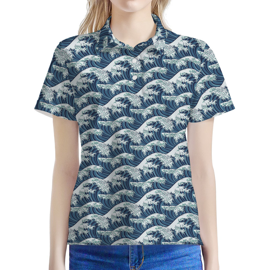 The Great Kanagawa Wave Pattern Print Women's Polo Shirt