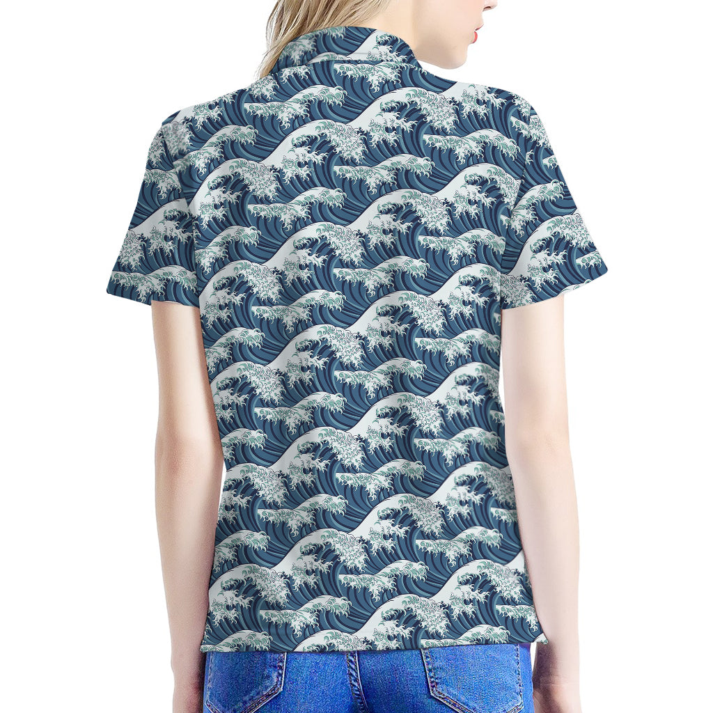 The Great Kanagawa Wave Pattern Print Women's Polo Shirt
