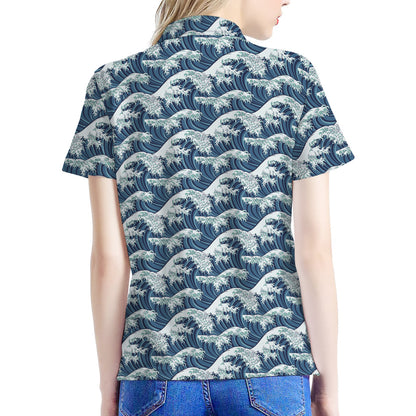 The Great Kanagawa Wave Pattern Print Women's Polo Shirt