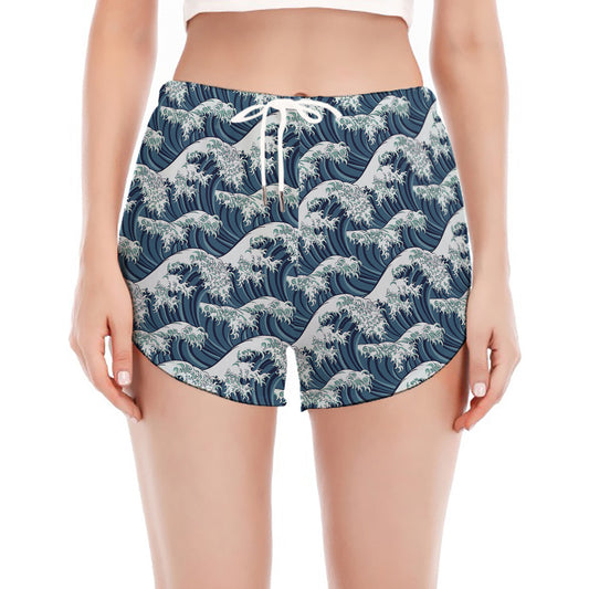 The Great Kanagawa Wave Pattern Print Women's Split Running Shorts