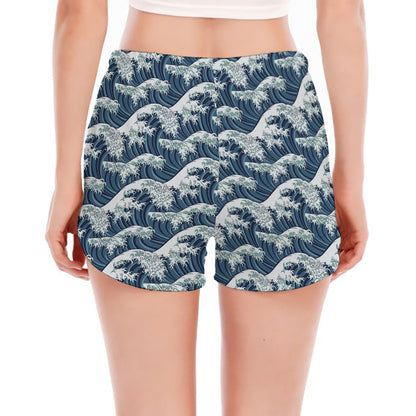 The Great Kanagawa Wave Pattern Print Women's Split Running Shorts