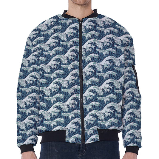 The Great Kanagawa Wave Pattern Print Zip Sleeve Bomber Jacket