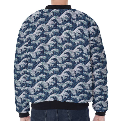 The Great Kanagawa Wave Pattern Print Zip Sleeve Bomber Jacket