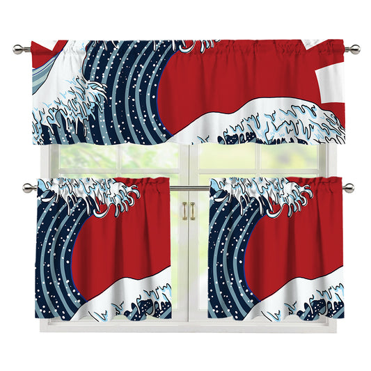 The Great Kanagawa Wave Print 3 Piece Kitchen Curtains