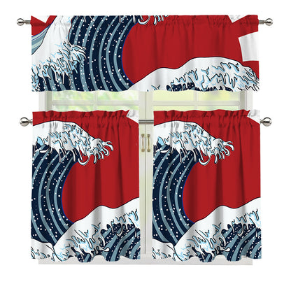 The Great Kanagawa Wave Print 3 Piece Kitchen Curtains