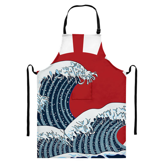 The Great Kanagawa Wave Print Bib Apron With Pocket
