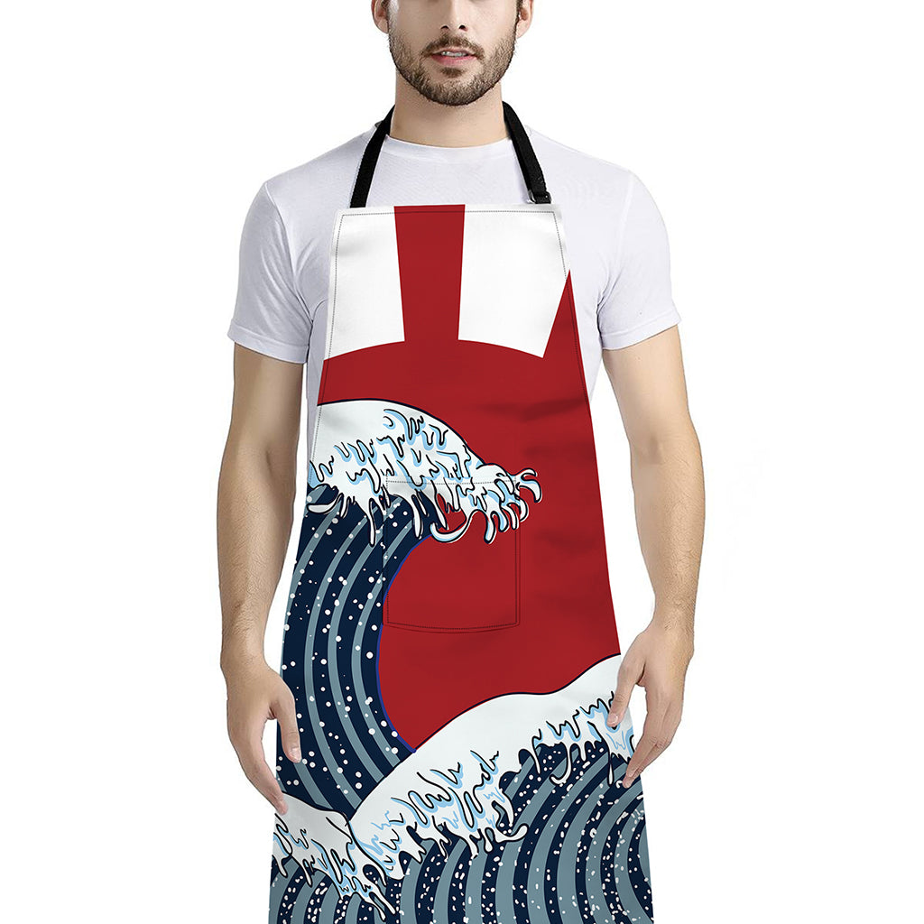 The Great Kanagawa Wave Print Bib Apron With Pocket