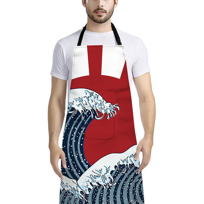 The Great Kanagawa Wave Print Bib Apron With Pocket