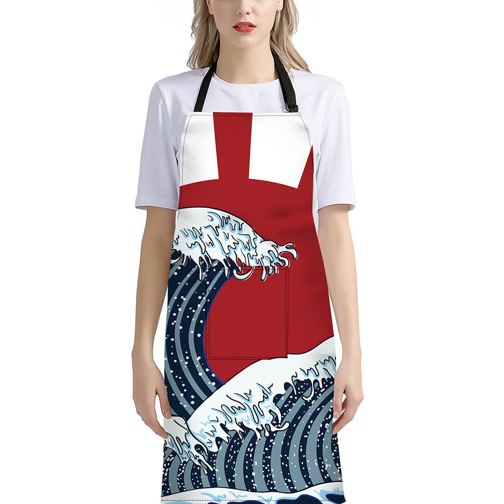 The Great Kanagawa Wave Print Bib Apron With Pocket