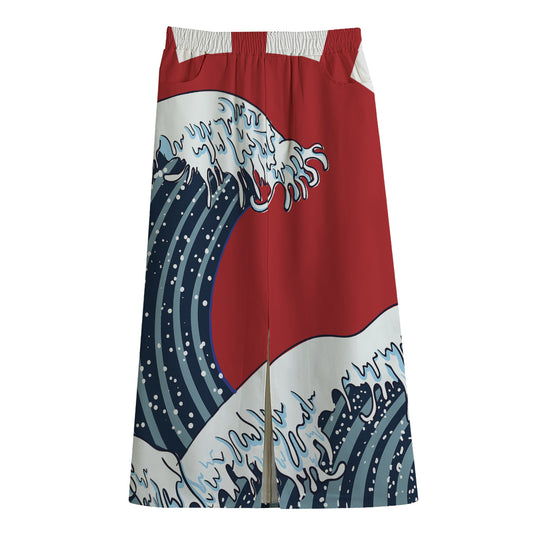 The Great Kanagawa Wave Print Cotton Front Slit Maxi Skirt