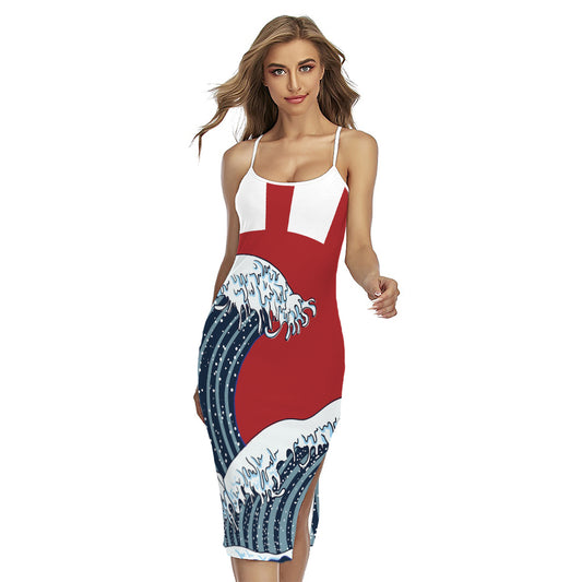 The Great Kanagawa Wave Print Cross Back Cami Dress