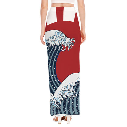The Great Kanagawa Wave Print High Slit Maxi Skirt