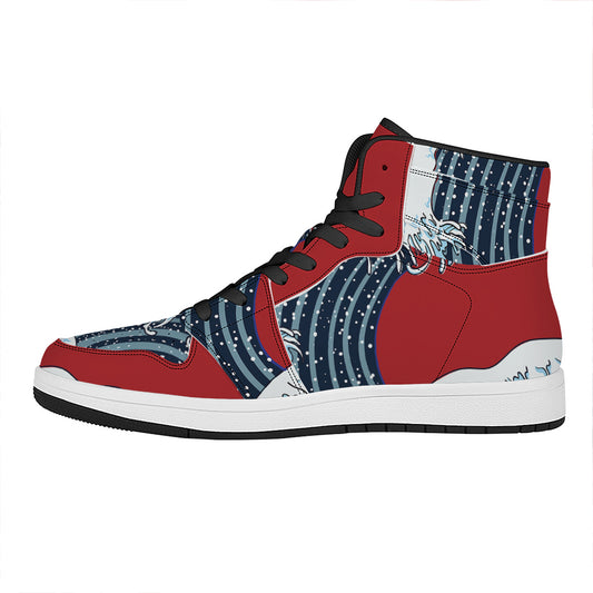 The Great Kanagawa Wave Print High Top Leather Sneakers