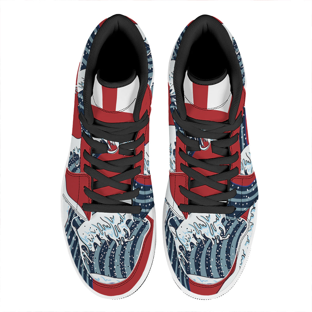The Great Kanagawa Wave Print High Top Leather Sneakers