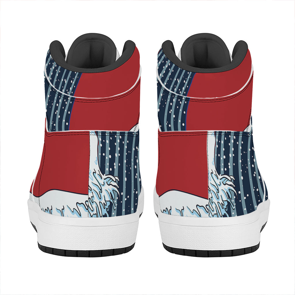 The Great Kanagawa Wave Print High Top Leather Sneakers