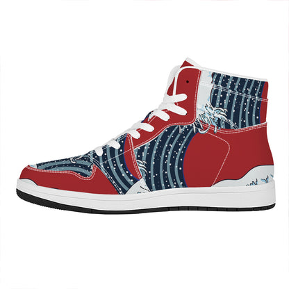 The Great Kanagawa Wave Print High Top Leather Sneakers
