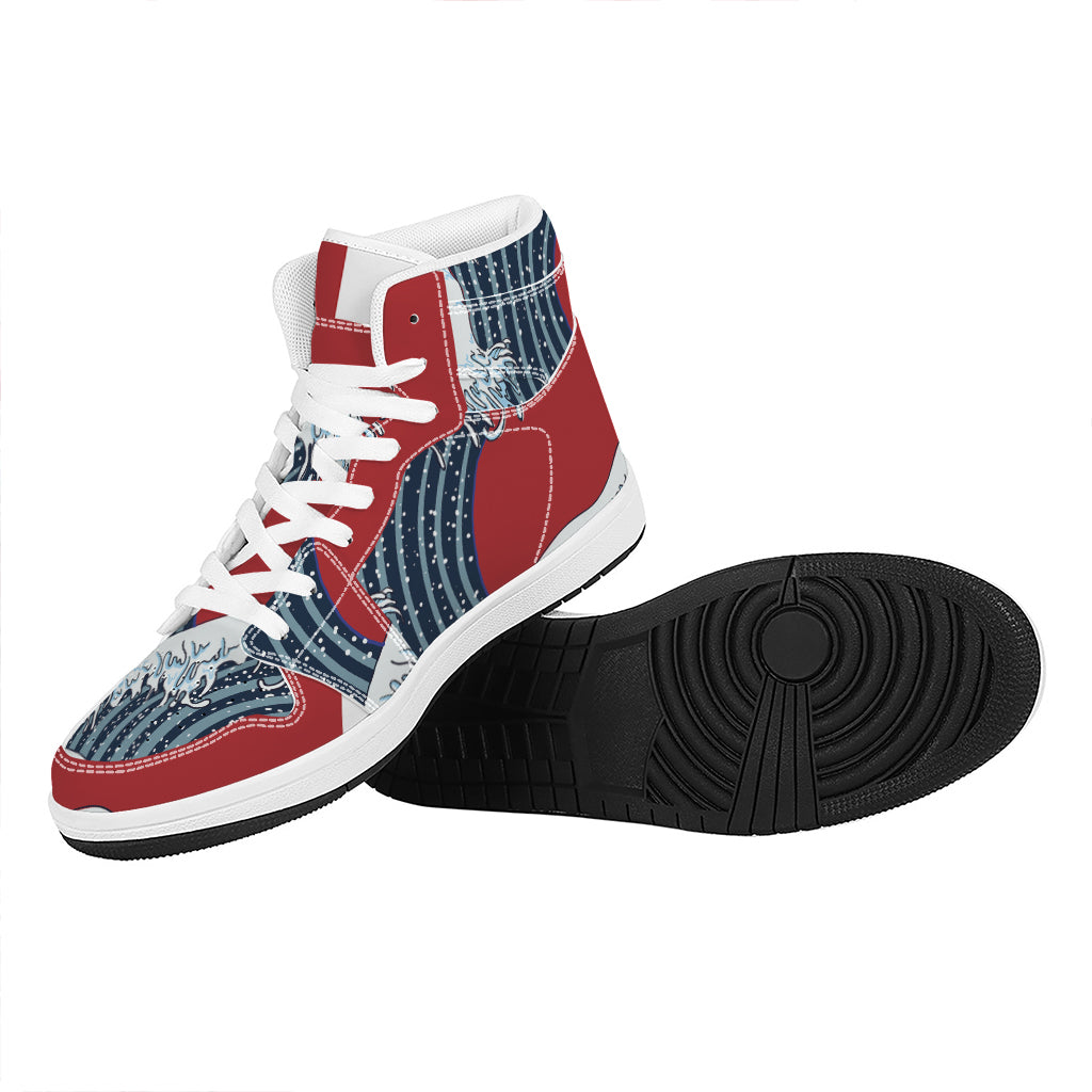 The Great Kanagawa Wave Print High Top Leather Sneakers