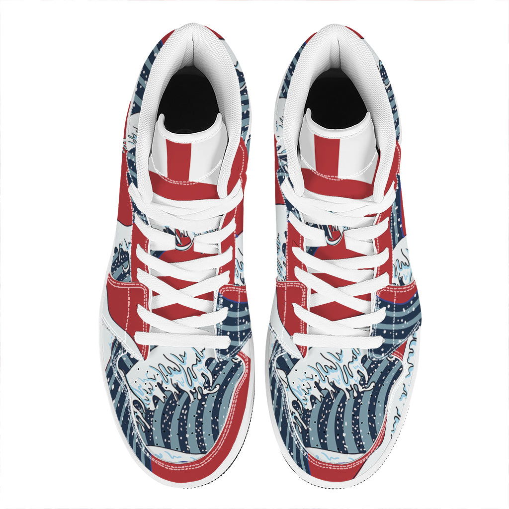 The Great Kanagawa Wave Print High Top Leather Sneakers